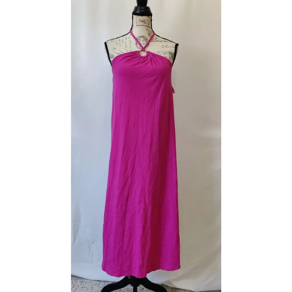 Old Navy Hot Pink Halter Sleeveless Maxi Dress Sz M Tie Neck Casual Vacation‎